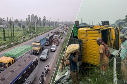 টাঙ্গাইলে মহাসড়‌কে ট্রাক উল্টে ১৫ কিলোমিটার যানজট